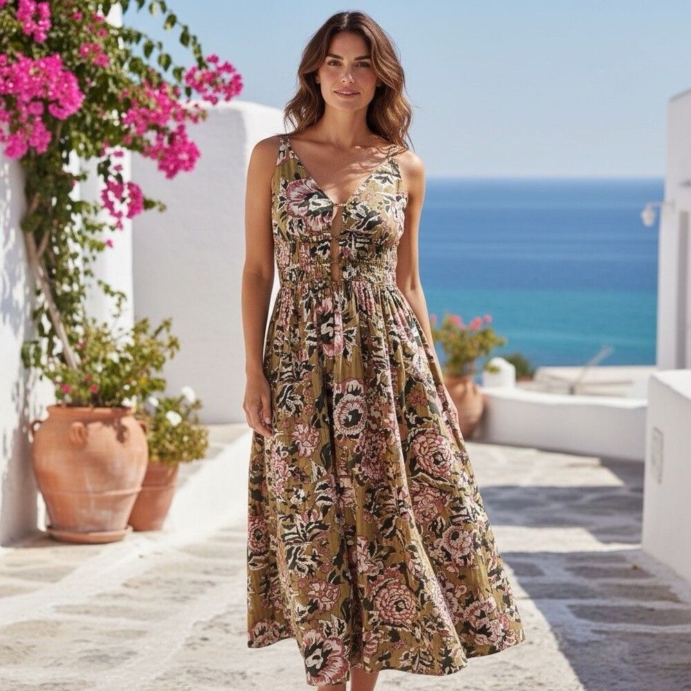 Caroline Constas Floral Midi Dress Green and Pink